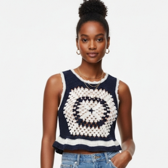 Zara Dark Blue and White Coastal Crochet Crop Top - Picture 9 of 10